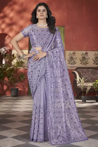 Fetching purple sequence & pite work with thread embroidered and cutwork border tissue net fabric indian designer saree