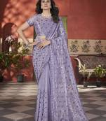 purple sequin pite work with thread embroidered and cutwork border tissue net saree