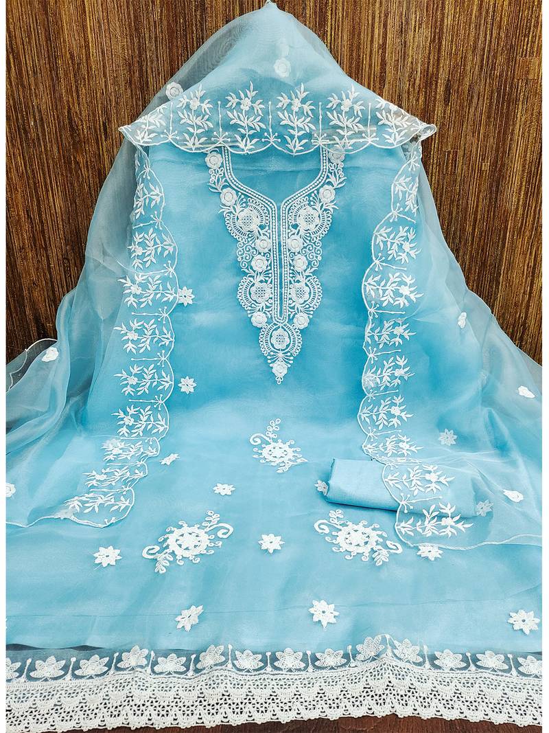 Blue Floral embroidered organza suit set with lace detailing
