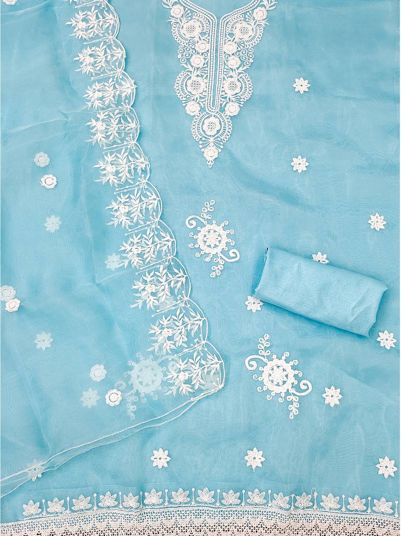 Blue Floral embroidered organza suit set with lace detailing