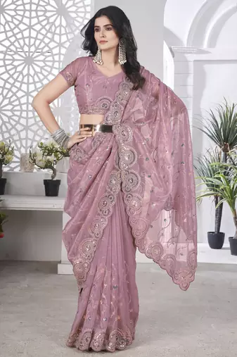 Spellbinding pink 3mm & 5mm sequence with thread embroidered and cutwork border tissue net fabric indian designer saree