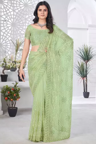 parrot-green sequins pite work with thread embroidered and cutwork tissue net wedding saree