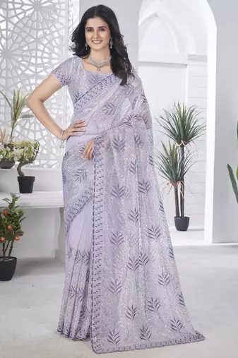 Captivating purple sequence & pite work with multicolor thread embroidered and cutwork tissue net indian designer saree