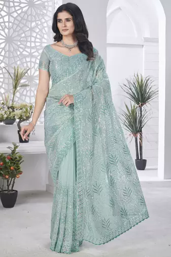 Appealing sea-green sequins & pite work with multicolor thread embroidered and cutwork tissue net indian designer saree