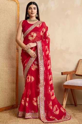 Alluring red bandhej print with heavy embroidered lace border georgette fabric indian designer party wear saree