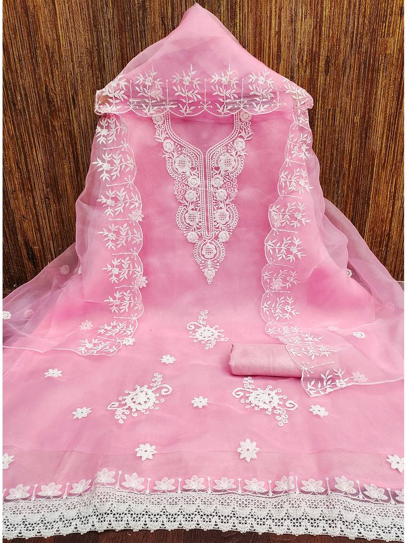 Pink Floral embroidered organza suit set with lace detailing