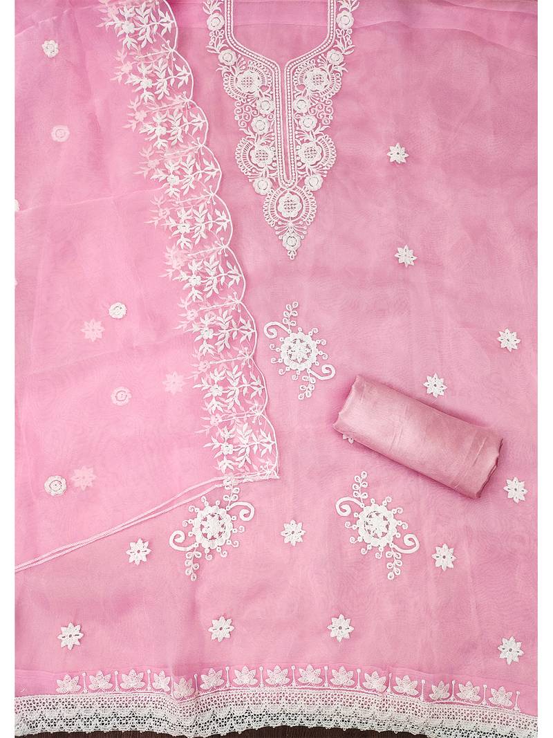 Pink Floral embroidered organza suit set with lace detailing