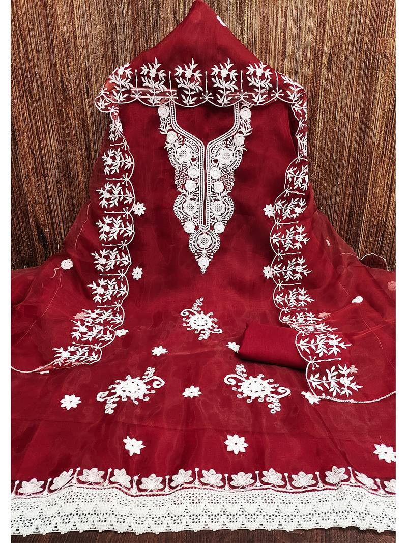 Red Floral embroidered organza suit set with lace detailing