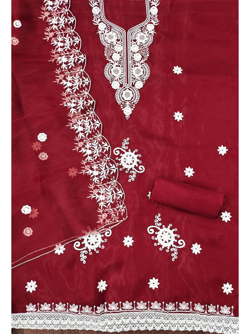 Red Floral embroidered organza suit set with lace detailing