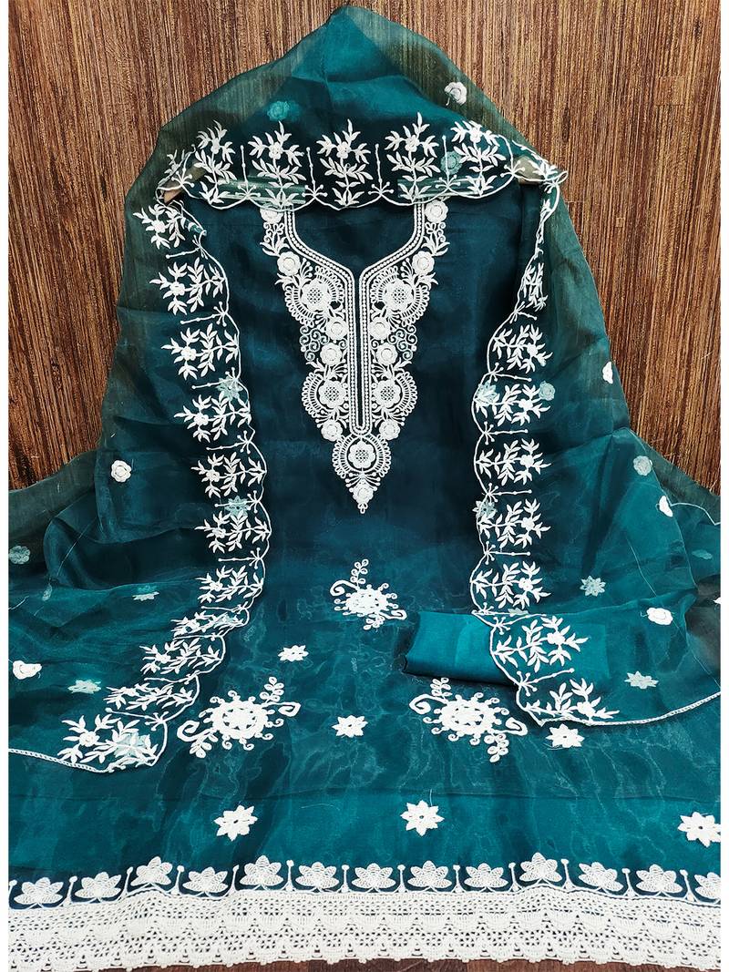 Teal Floral embroidered organza suit set with lace detailing