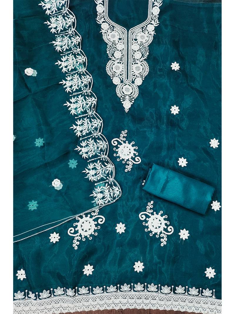 Teal Floral embroidered organza suit set with lace detailing