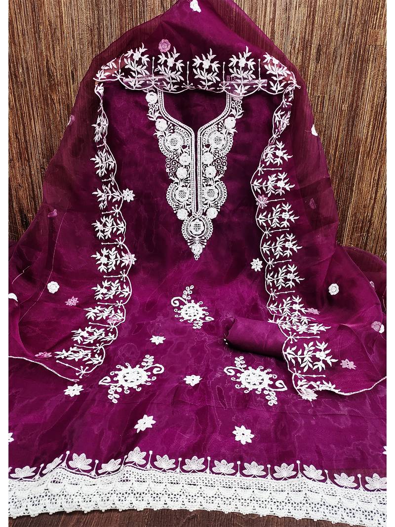 Wine Floral embroidered organza suit set with lace detailing