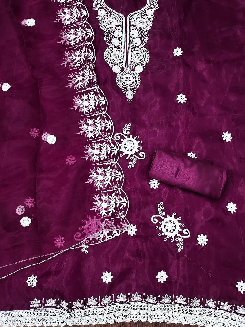 Wine Floral embroidered organza suit set with lace detailing