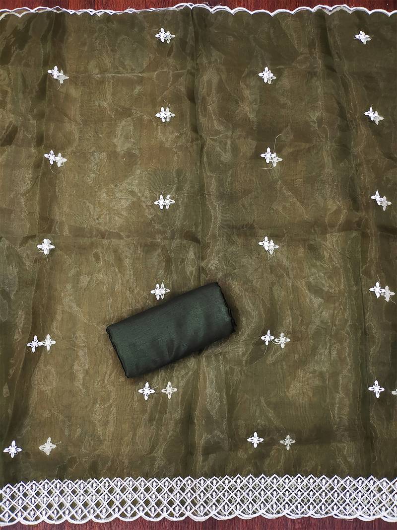 Mehendi Floral embroidered organza suit set with lace detailing