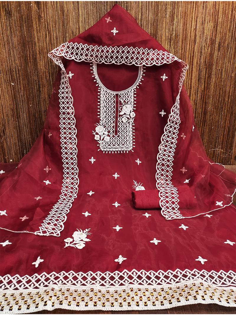 Red Floral embroidered organza suit set with lace detailing