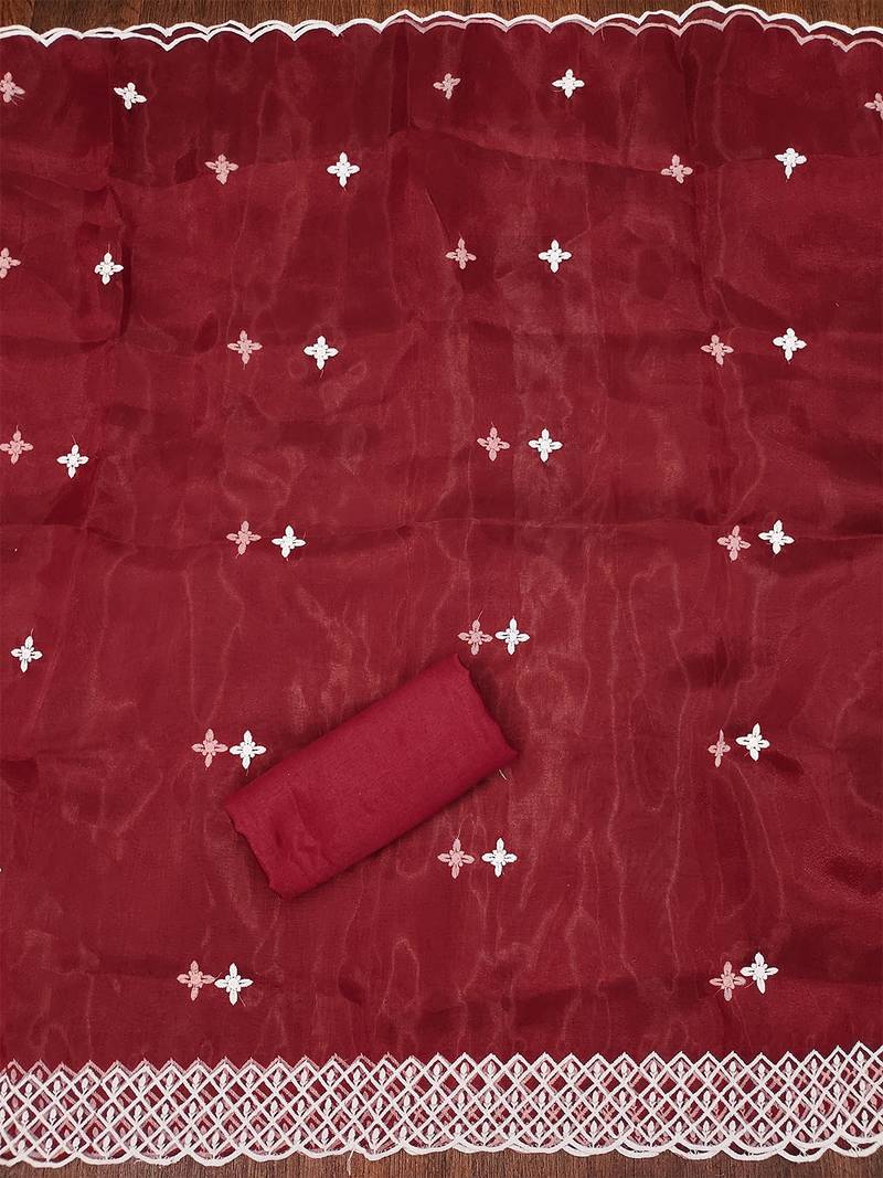 Red Floral embroidered organza suit set with lace detailing