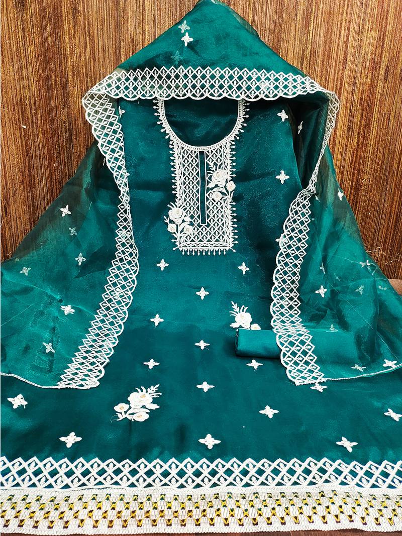 Dark Green Floral embroidered organza suit set with lace detailing