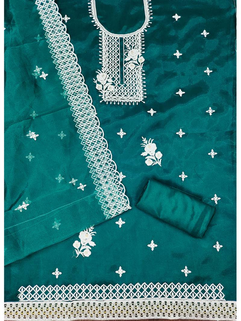 Dark Green Floral embroidered organza suit set with lace detailing