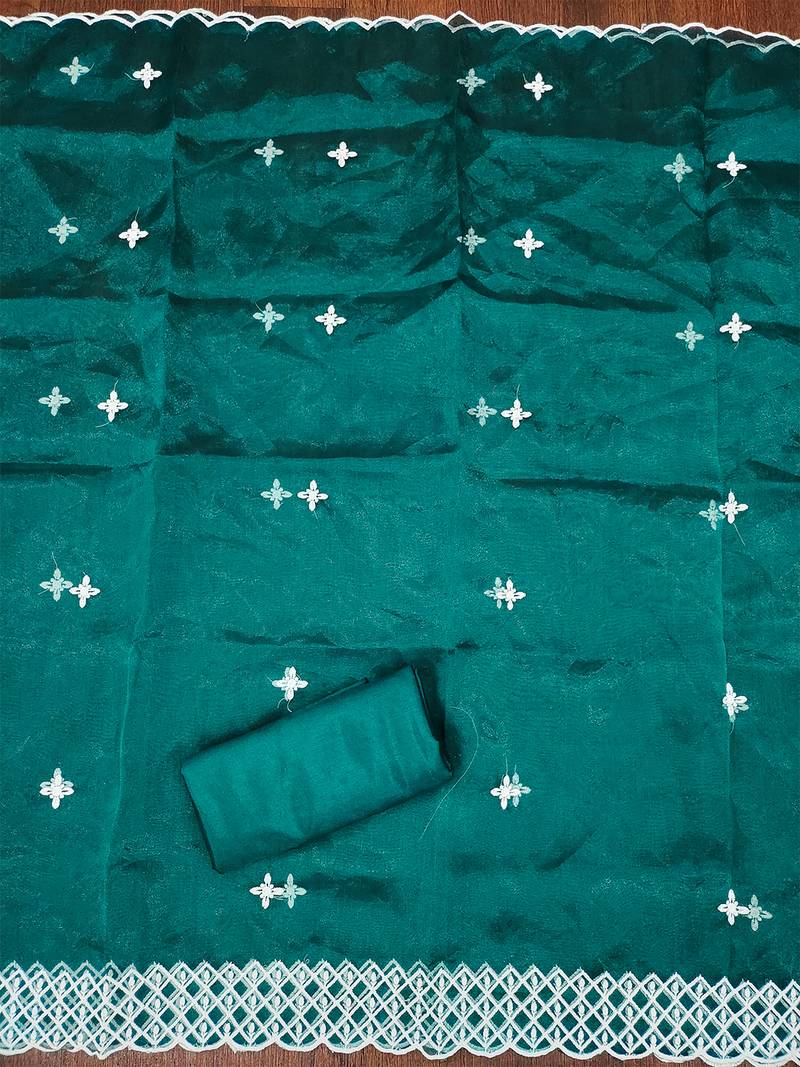 Dark Green Floral embroidered organza suit set with lace detailing