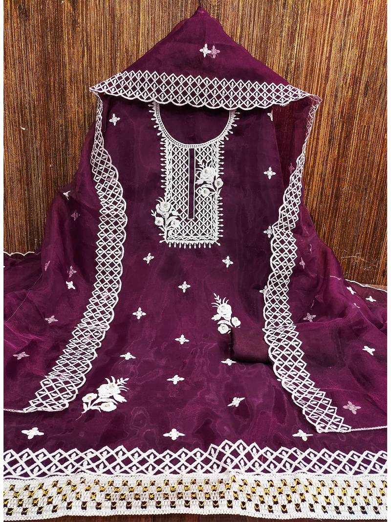 Wine Floral embroidered organza suit set with lace detailing