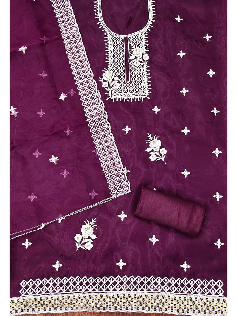 Wine Floral embroidered organza suit set with lace detailing