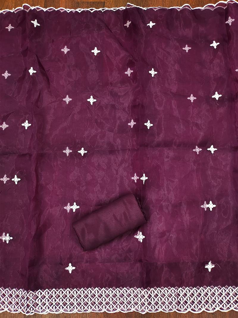 Wine Floral embroidered organza suit set with lace detailing