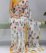 Yellow  all over floral printed linen saree with unstitched blouse