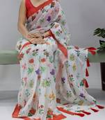 Red  all over floral printed linen saree with unstitched blouse
