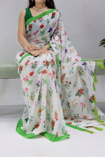 Parrot  all over floral printed linen saree with unstitched blouse