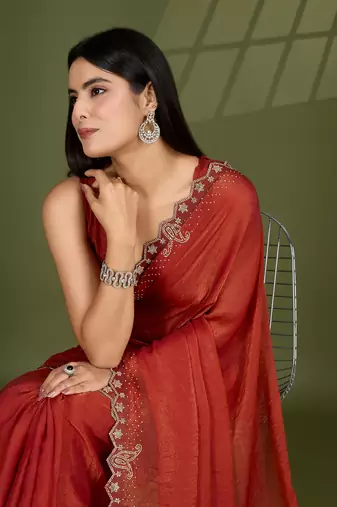 orange silk blend swaroski work saree with unstitched blouse