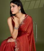 orange silk blend swaroski work saree with unstitched blouse