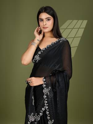 black silk blend swaroski work saree with unstitched blouse 1