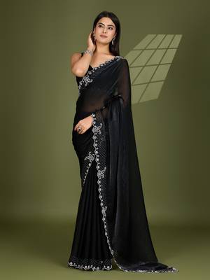 black silk blend swaroski work saree with unstitched blouse 2