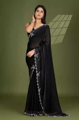 black silk blend swaroski work saree with unstitched blouse