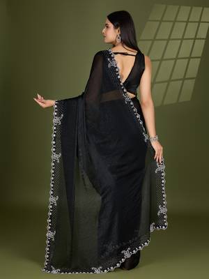 black silk blend swaroski work saree with unstitched blouse 3