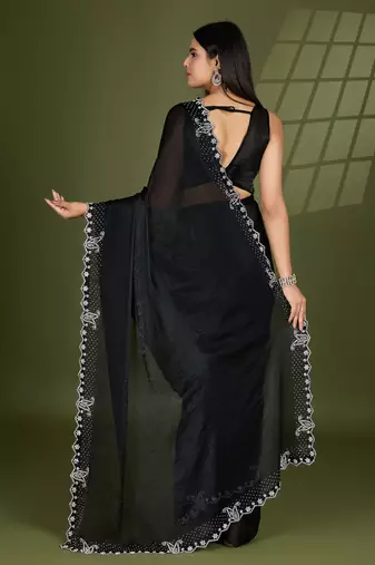 black silk blend swaroski work saree with unstitched blouse