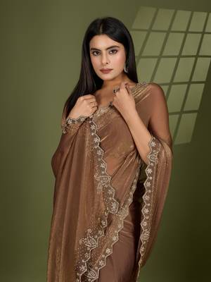 beige silk blend swaroski work saree with unstitched blouse 1