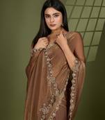 beige silk blend swaroski work saree with unstitched blouse