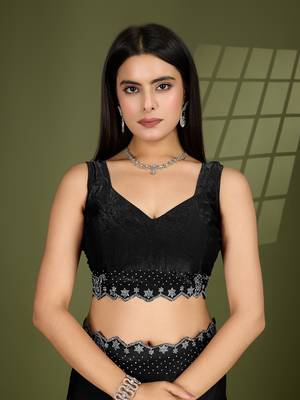 black silk blend swaroski work saree with unstitched blouse 5