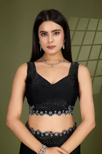 black silk blend swaroski work saree with unstitched blouse