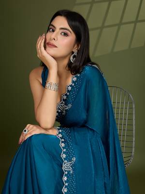 teal silk blend swaroski work saree with unstitched blouse 2