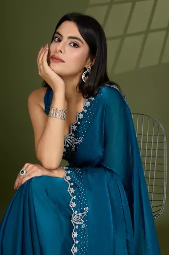 teal silk blend swaroski work saree with unstitched blouse