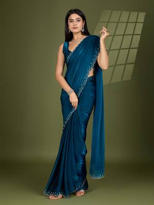 teal silk blend swaroski work saree with unstitched blouse 1