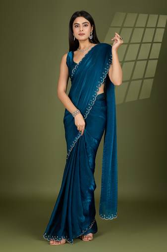 teal silk blend swaroski work saree with unstitched blouse