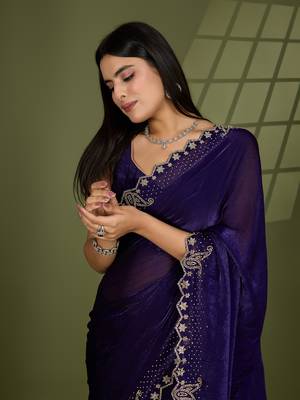 violet silk blend swaroski work saree with unstitched blouse 1