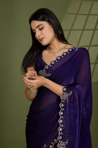 violet silk blend swaroski work saree with unstitched blouse