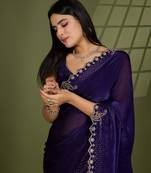 violet silk blend swaroski work saree with unstitched blouse