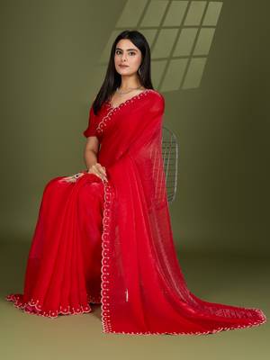 red silk blend swaroski work saree with unstitched blouse 1