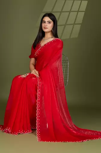 red silk blend swaroski work saree with unstitched blouse