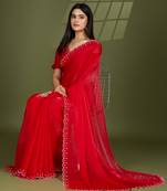red silk blend swaroski work saree with unstitched blouse